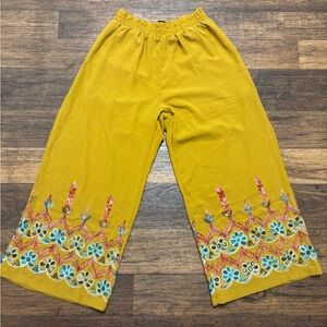 Floral Bohemian Embroidered Mustard Capris